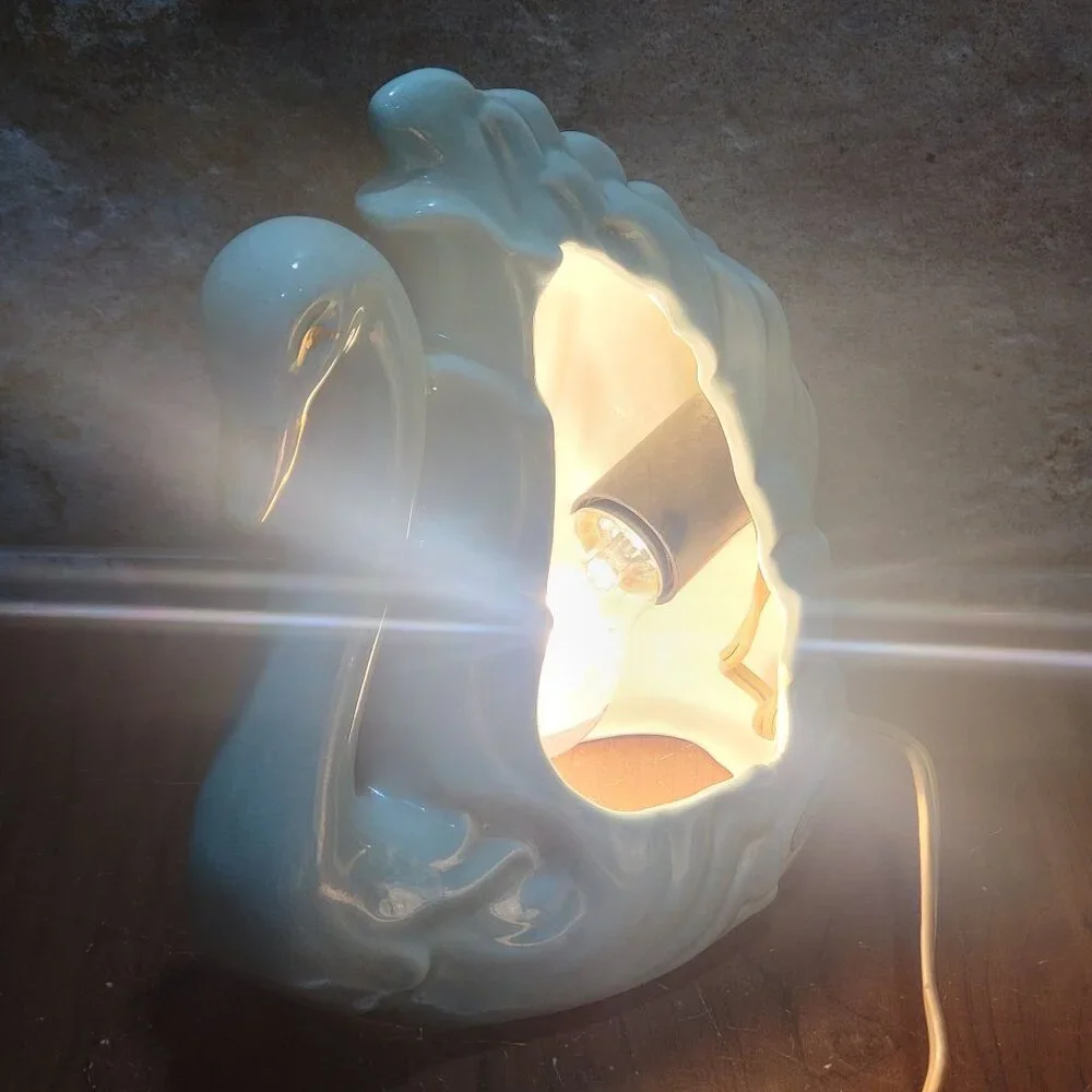 Vintage Gilded Blue Swan TV Lamp Night Light Ceramic